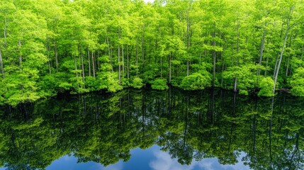 Obraz premium Lush green forest reflected in calm water; aerial view