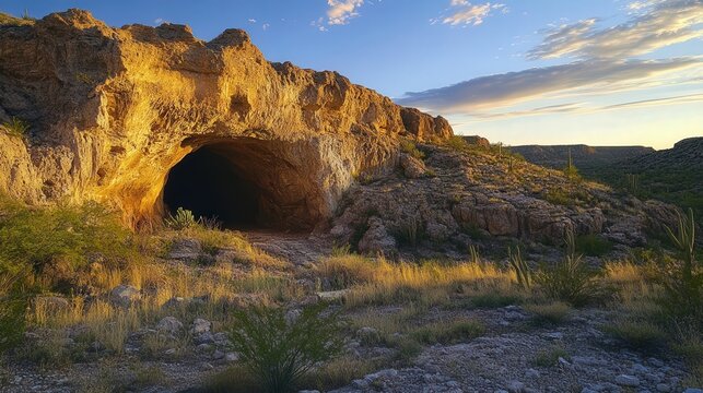 cave at dusk, with the fading light of the setting sun casting long shadows on the cave's rugged entrance, making the dark interior even more mysterious.