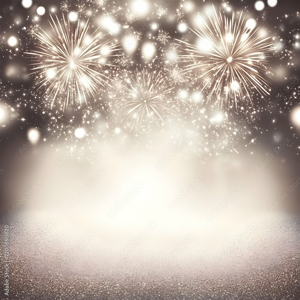 Poster fireworks explode above a sparkling glittery surface with festive lights background