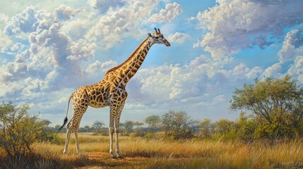 Obraz premium Giraffe standing in African savanna under a cloudy sky.