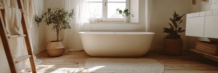 White bathtub, bathroom with a window, plants, and a wooden ladder near the freestanding tub. The bright room is decorated with a beige rug on a light wood floor.