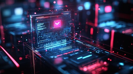 Obraz premium A futuristic digital voting interface with holographic ballots and glowing touch screens