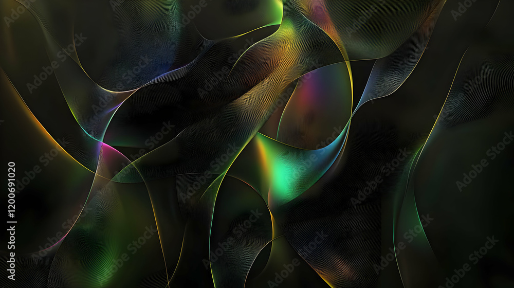 Poster abstract background with colorful wavy lines flowing gracefully across a dark backdrop.