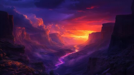 Fototapeta premium arid canyon at dusk, where the sky turns deep shades of purple and orange, and the harsh landscape is softened by the fading light, creating a dramatic contrast.