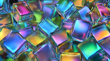 Iridescent Glass Cubes Glisten with Vivid Colors, Creating a Vibrant Abstract Background