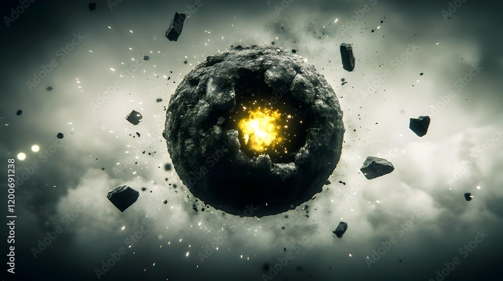Poster dark planet explodes with bright core and debris dramatically in space