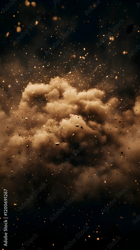 Poster dust and debris explode dynamically against a dark background with fiery sparks