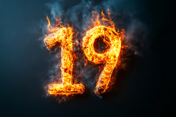 Fiery Number Nineteen in Flames with Smoke on Dark Background for Creative Projects