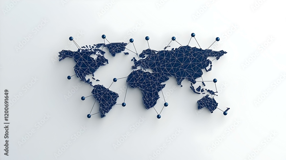 Poster blue binary world map pattern on a white background, showcasing a digital representation of global c