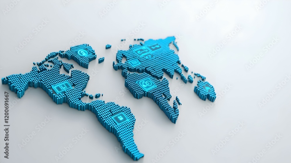 Poster blue binary world map pattern on a white background, intricate design symbolizing digital connectivi