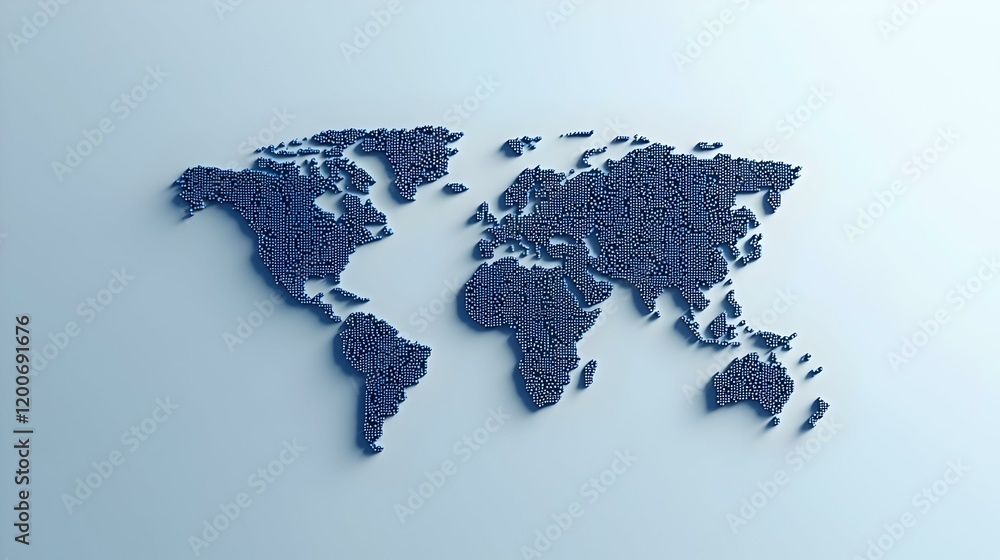 Poster binary world map, intricate blue patterns representing global connections on a crisp white backgroun
