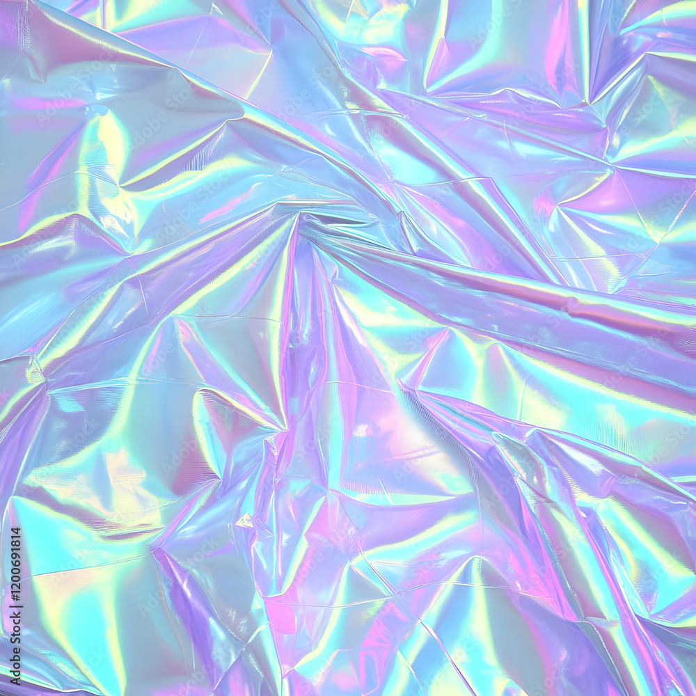 Poster iridescent holographic wrinkled foil creates colorful texture and forms an abstract background.