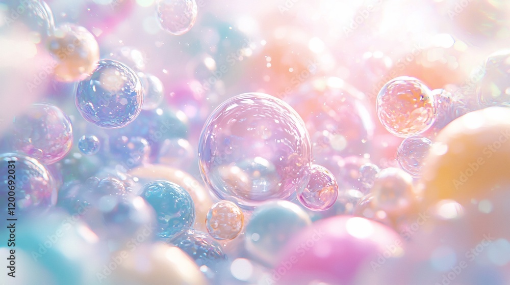 Poster pastel-colored spheres floating in soft light.