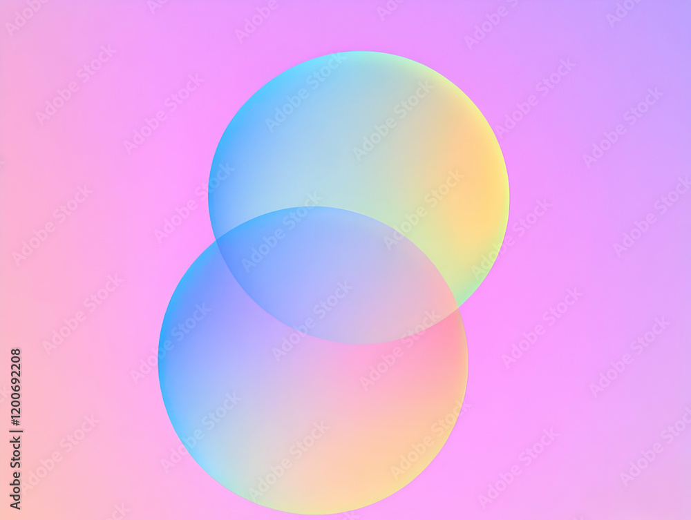 Poster two iridescent spheres overlap on a gradient pink background, creating a dreamy scene.