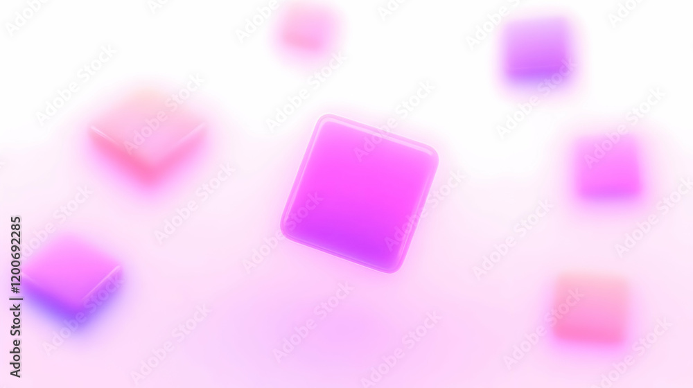 Poster 3D Rounded Squares Float on a Soft Pink and Purple Gradient Background with Soft Lighting.