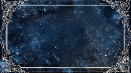 Elegant Dark Blue Scratched Texture Background with Ornate Silver Frame