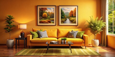 Fototapeta premium Cozy Living Room with Vibrant Orange Walls and Plush Yellow Couch in Tilt-Shift Photography