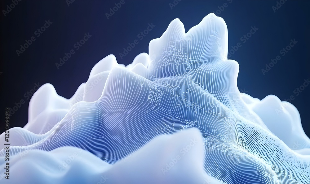 Poster digital landscape of flowing wireframe waves intertwined with numerical data, showcasing a vibrant b