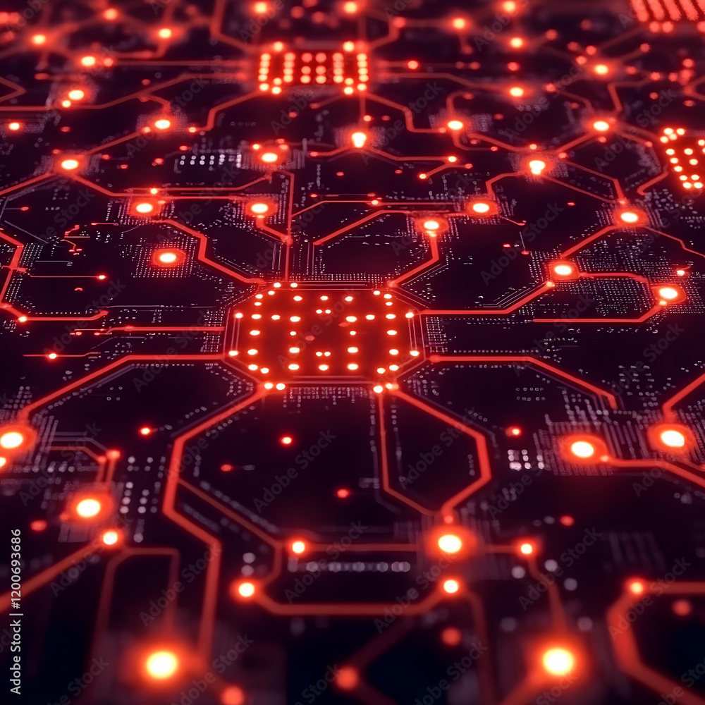 Aufkleber futuristic circuit board with glowing red lights creates a technological network background