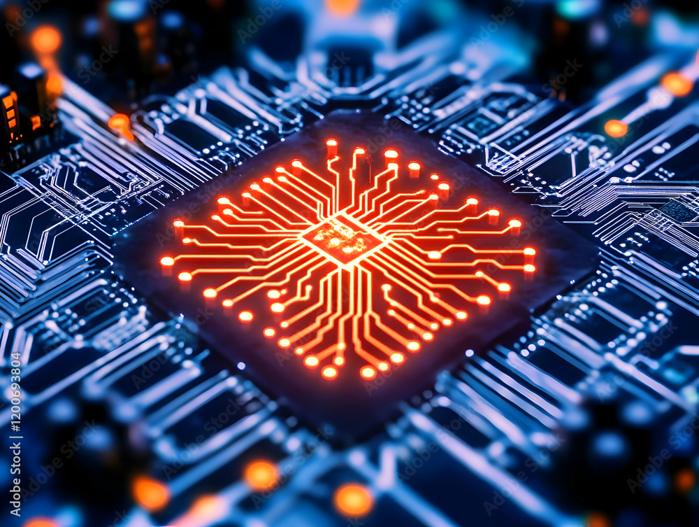 Poster close-up of a circuit board with glowing components and intricate wiring details