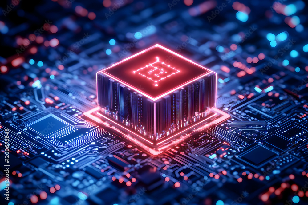 Poster glowing cube processor sits on circuit board with neon lights, symbolizing advanced technology