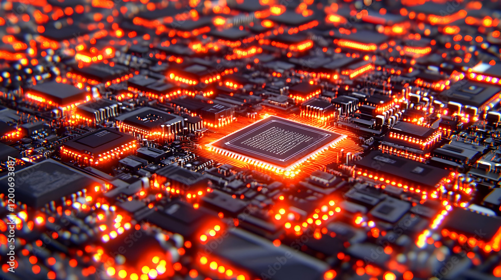 Poster close-up of circuit board with glowing red lights and central processing unit.