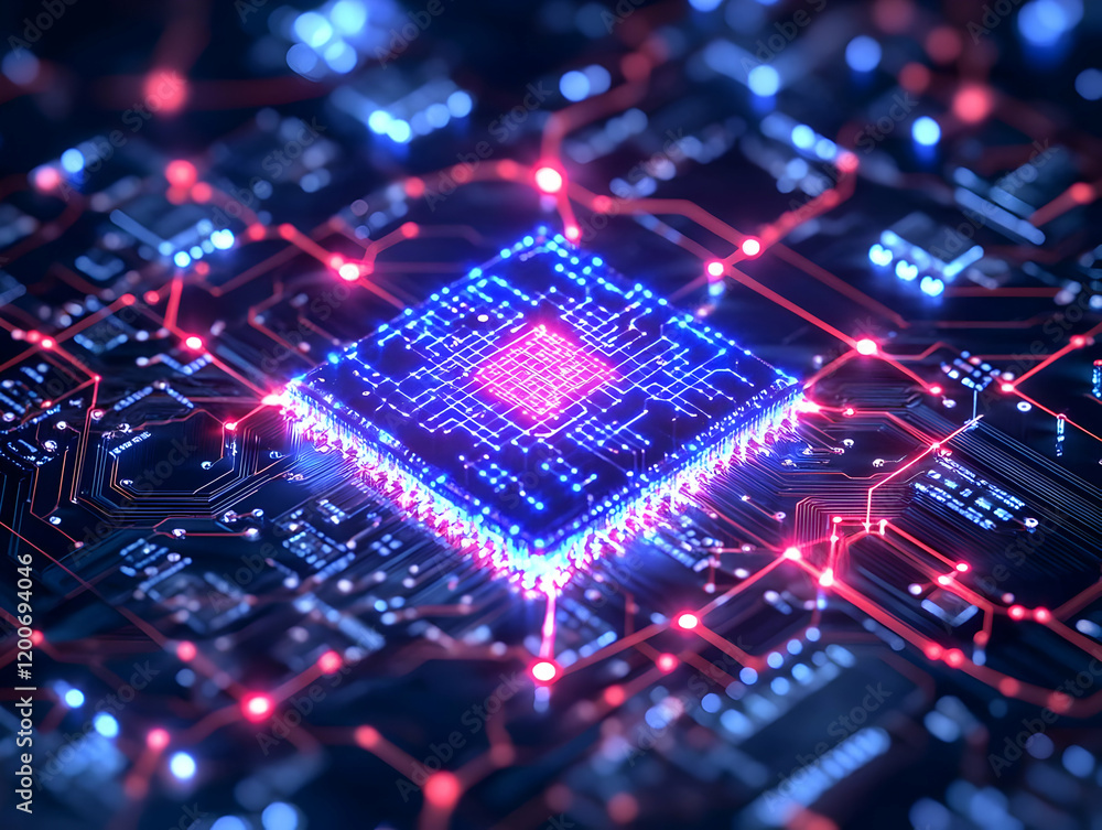 Poster cpu chip glows on circuit board with futuristic lighting effect
