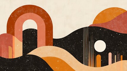 Obraz premium Abstract Landscape with Rainbow Arch and Celestial Bodies