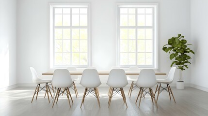 Fototapeta premium Contemporary Boardroom Design, a spacious interior featuring large windows, sleek furnishings, and a bright, airy atmosphere ideal for meetings.