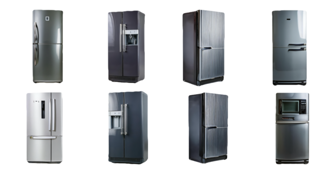 Assorted refrigerator models with various features isolated on transparent background