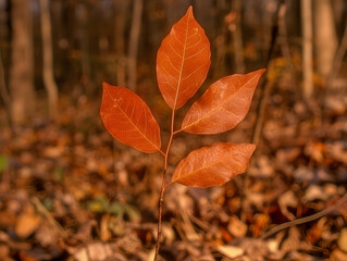 Obraz premium Vibrant Orange Leaves Glow in Autumn Sunlight with a Blurred Forest Floor Background.