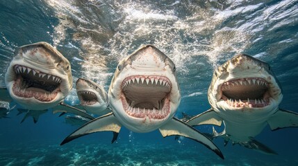 Four great white sharks swimming underwater with mouths open.