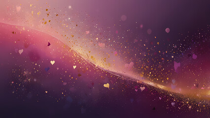 Obraz premium A whimsical abstract background with soft gradients of purple and pink, accented by floating golden specks and ethereal waves 