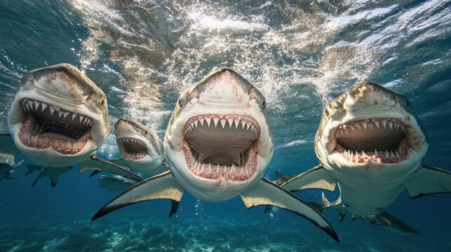 Four great white sharks swimming underwater with mouths open.