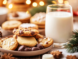 Festive Cookies and Milk on a Cozy Table Surrounded by Christmas Decorations and Lights