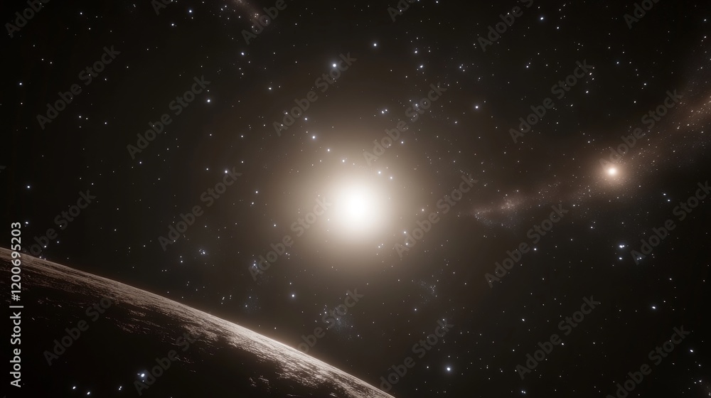 Poster celestial body orbiting binary star system in deep space