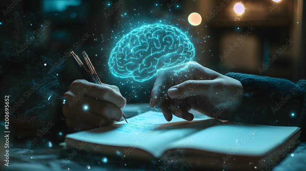 Poster hands write in notebook with glowing brain image above