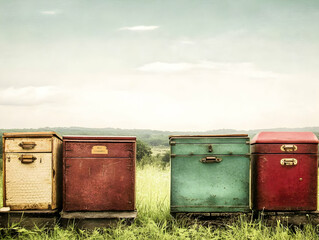 Colorful Beehives Stand in a Field with Lush Green Grass and a Serene Sky Background.