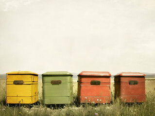 Four Colorful Beehives Stand in a Field Under a Cloudy Sky in a Serene Landscape Scene