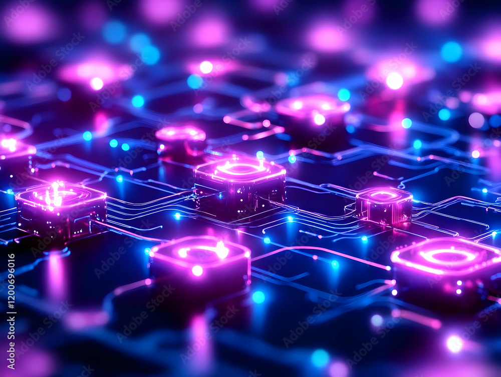 Poster 3d render of futuristic circuit board with glowing neon lights and cubes