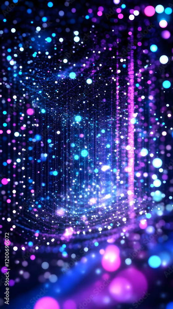 Poster abstract background with glowing particles and light rays in a dark space