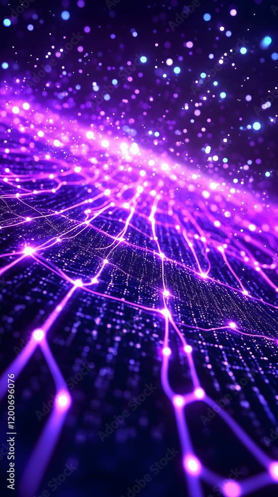 Aufkleber abstract 3d illustration of purple glowing network lines and dots on dark background dynamically mov