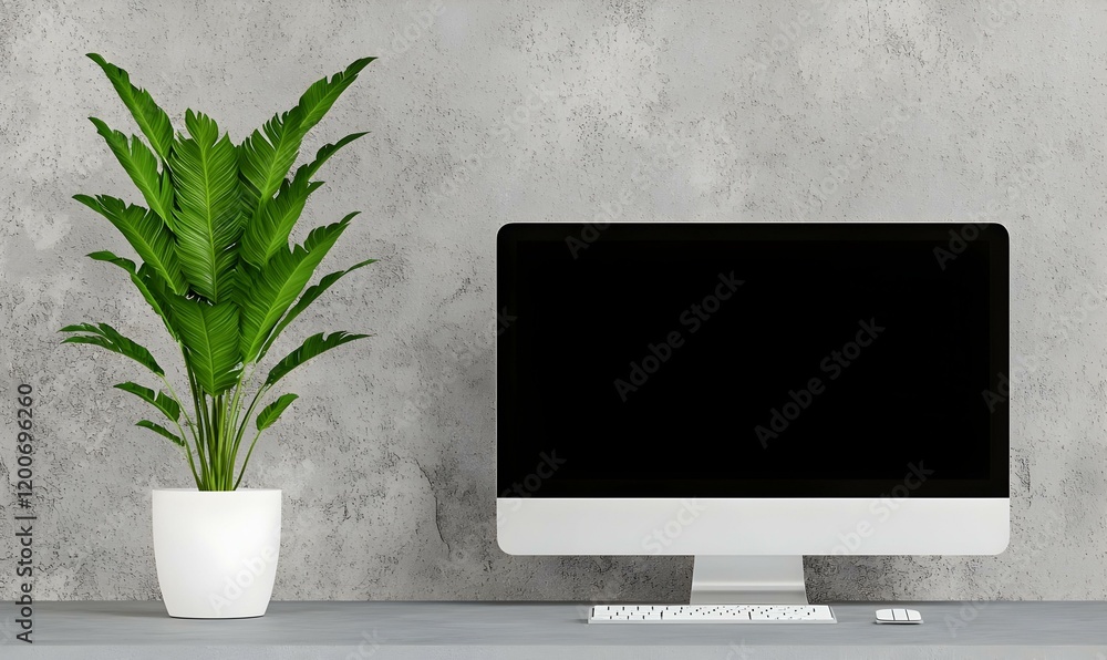 Poster sleek contemporary workspace featuring a minimalist desk, advanced computer setup, and efficient org