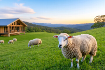 Fototapeta premium Sheep Grazing in Lush Green Field with Sunset Behind Rustic Farmhouse in Countryside Landscape