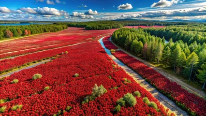 Drone Photography of Low Bush Cranberry Fields with Lingonberries and Cowberries in Vibrant Forest Surroundings â€“ Aerial View of Bountiful Harvest and Natural Beauty