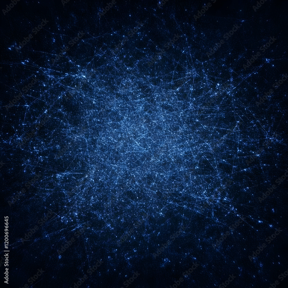 Poster abstract background shows intricate network of blue lines and dots on a dark background, creating a 