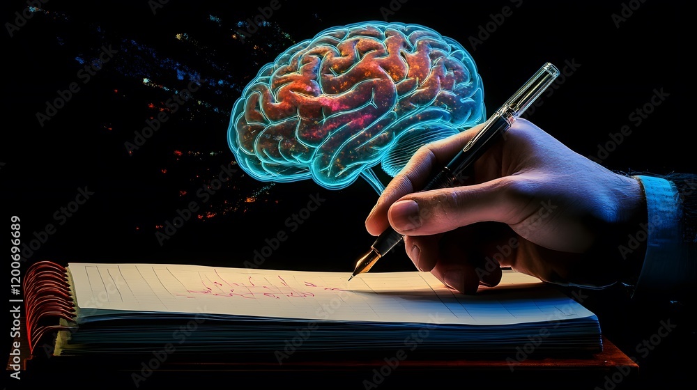 Poster a hand writes in a notebook with a glowing brain above