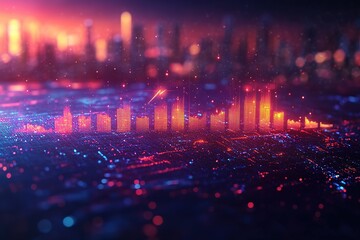 Cityscape at night with futuristic data overlay, showing upward trending growth graph.