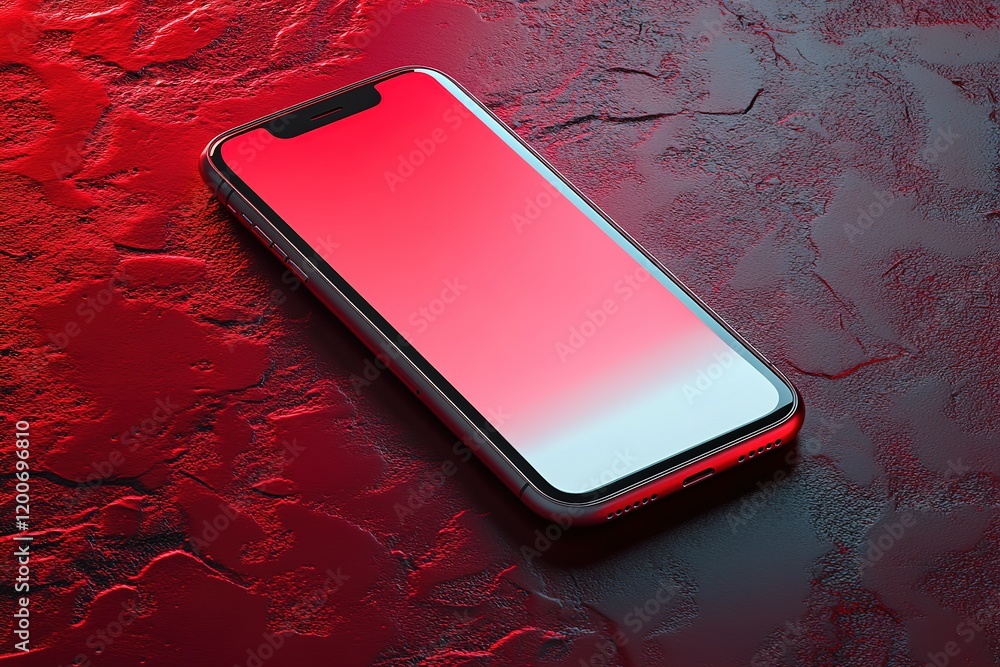 Poster smartphone on red textured surface. blank screen, ideal for mockup or app display.