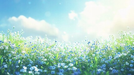 Obraz premium Blooming Meadow Under Azure Sky: A breathtaking panorama of a vibrant field brimming with delicate flowers. The sky stretches endlessly, a canvas of brilliant blue. Gentle clouds drift lazily.